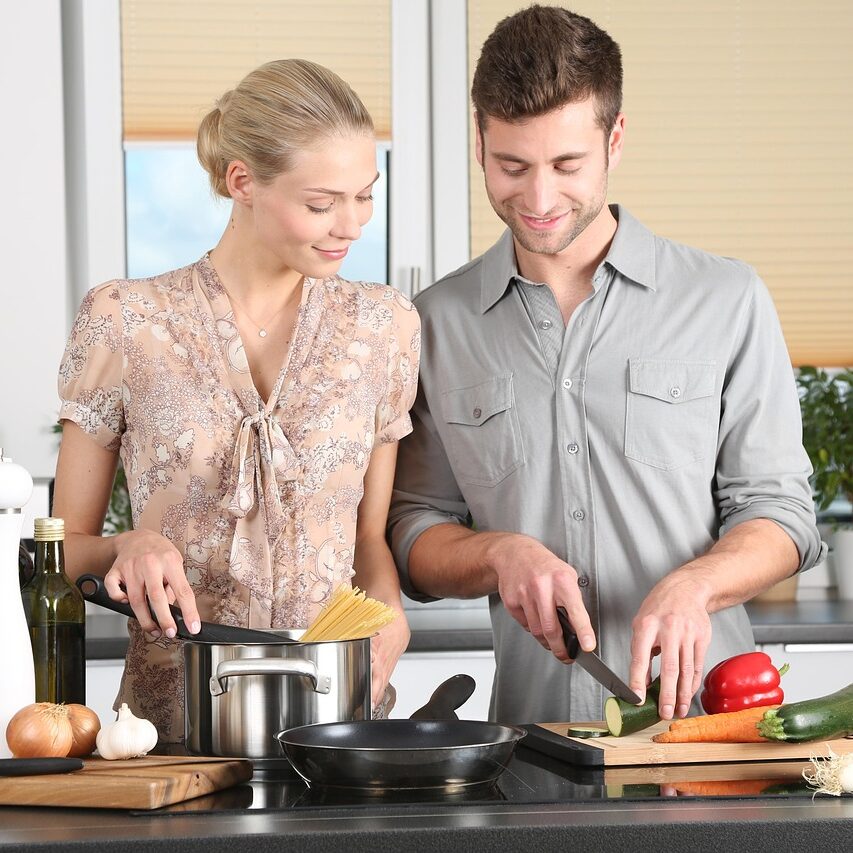 happy valentines day, woman, man, kitchen, food preparation, couple, relationship, together, cooking, pair, cutting, chopping, everyday life, blonde, cutting board, vegetables, happy couple, stove, cook, knife, noodles