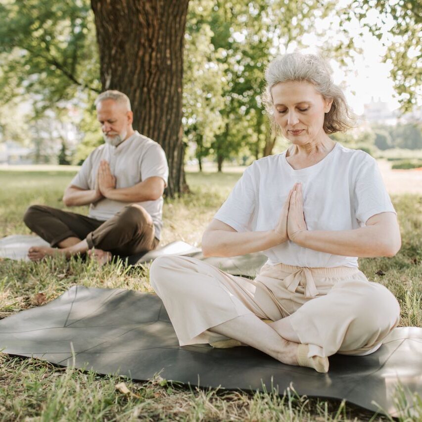 Elderly couple practicing yoga meditation outdoors, focusing on health and tranquility.