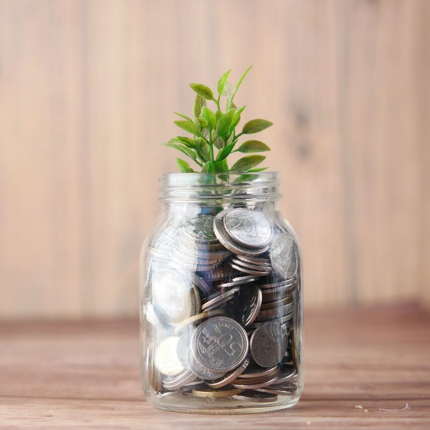 A jar filled with coins and a plant symbolizes growth in savings and investment.